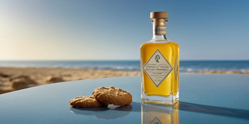 Un flacon d'e-liquide Orgeat Pastis sur fond de plage provençale avec un verre de pastis et des biscuits à l'amande. Un flacon d'e-liquide Orgeat Pastis sur fond de plage provençale avec un verre de pastis et des biscuits à l'amande.